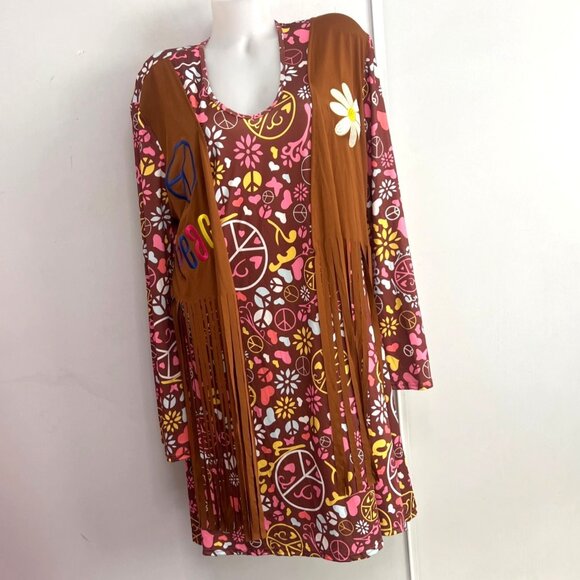 Hippie Boho Peace 70s Deluxe Costume Set Halloween Cosplay Set Plus Size XXL-3XL - Picture 2 of 13